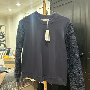 Tory Burch Navy Sweater with Sparkling Sleeves